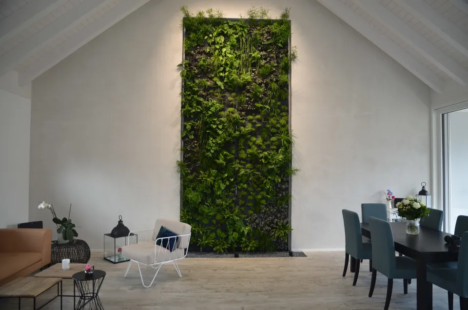 Wohn- und Essraum unter dem Dachstuhl mit hoher Pflanzenwand
