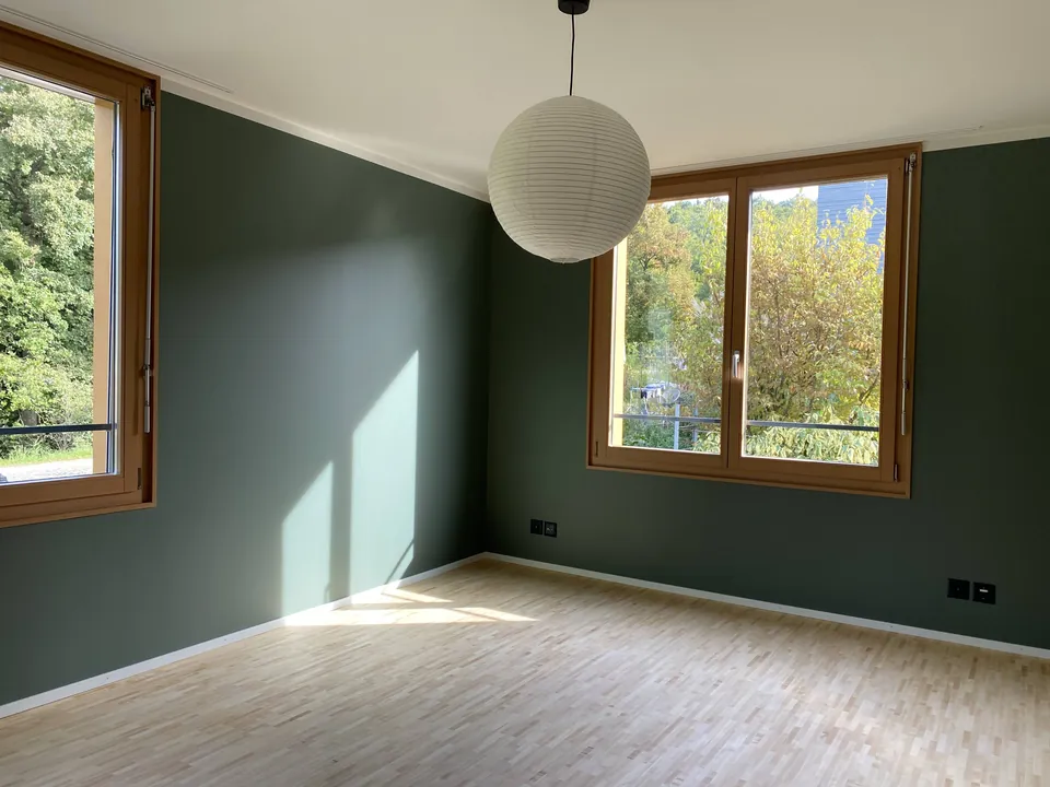 Zimmer mit dunkelgrünen Wänden und Papierleuchte