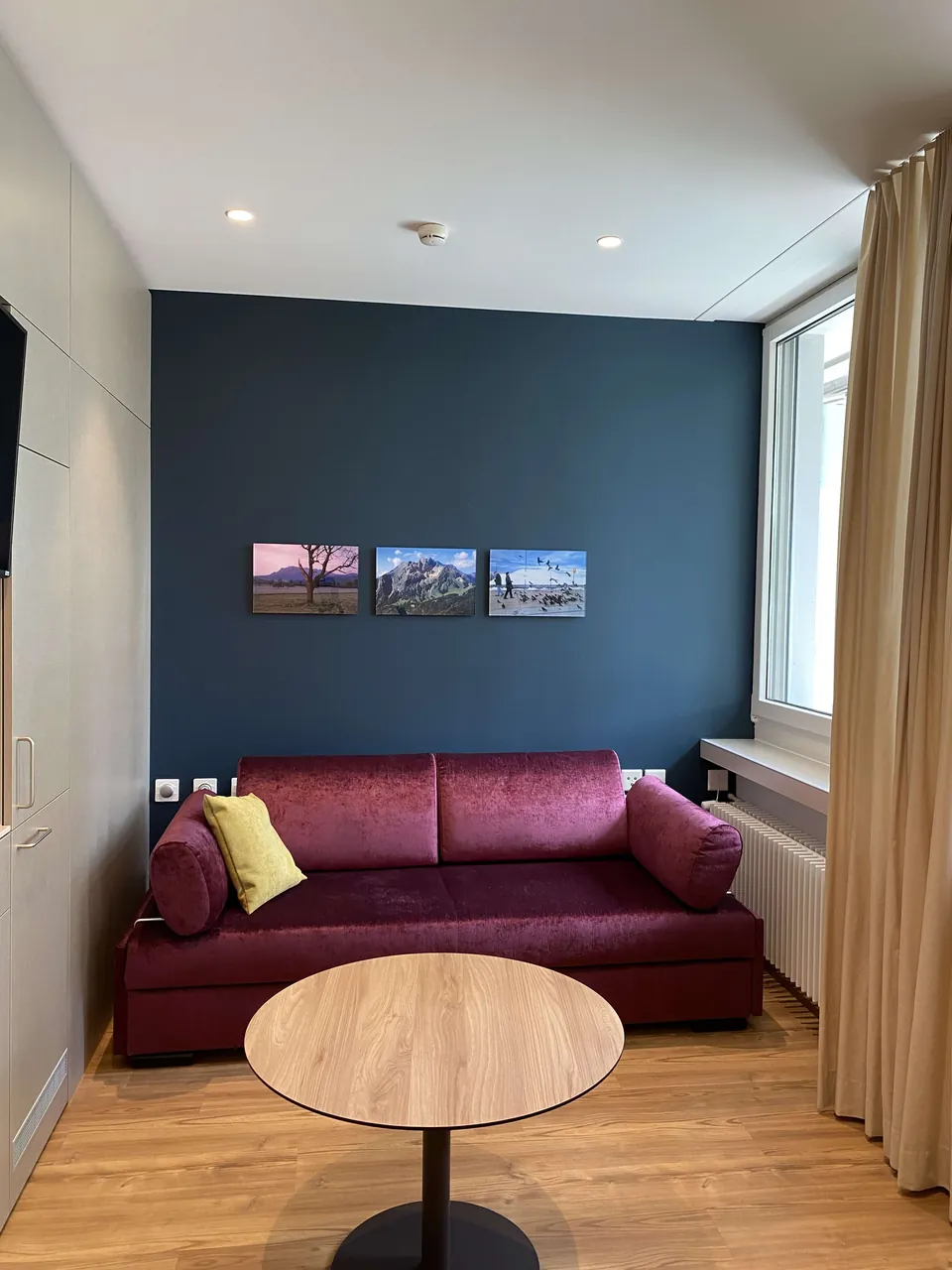 Wohnzimmer mit dunkelblauer Wand und rotem Sofa